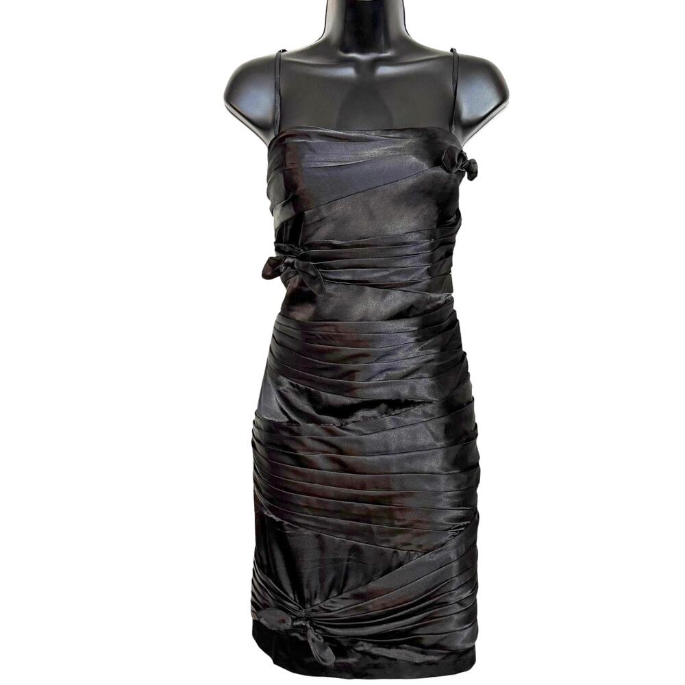 Hailey Adrianna Papell Bandage Dress 10 Black Satin Ruched Bows Strapless Party